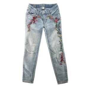 Cherokee Girls Floral Embroidered Skinny Jeans Size 8 Boho Y2K Denim